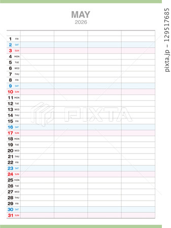 4人分の予定が書込み可能な2026年5月のカレンダーです。 4人分の予定が書込み可能な2026年5月のカレンダーです。 129517685