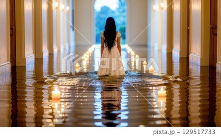 A woman in a white dress is standing in a flooded hallway with candles lit around her. The scene is eerie and unsettling, as the woman is trapped in the water. The candles add to the sense of danger 129517733