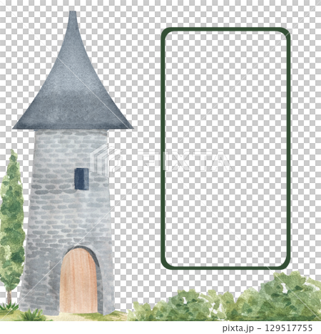 Medieval stone tower with a pointed slate roof, green bushes, tall tree with a frame on the right, perfect for invitations, fairy-tale cards, text placement. Hand-painted watercolor illustration on 129517755