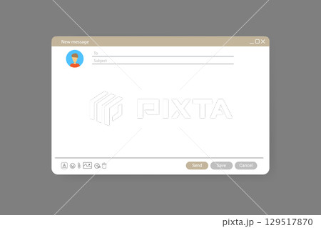 Email window template, new message blue interface mockup design. Computer desktop screen of mail isolated. Internet webpage illustration with icons. UI design template 129517870