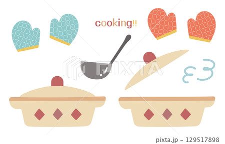 鍋とお玉とミトンのかわいいイラストセット 129517898