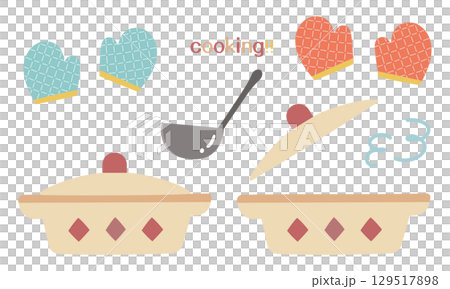 鍋とお玉とミトンのかわいいイラストセット 129517898