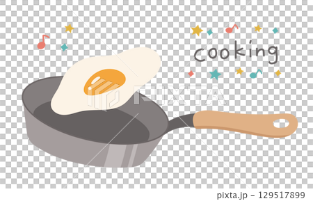 A cute illustration of a fried egg being cooked in a frying pan 129517899