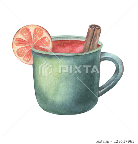 Green mug filled with mulled wine, orange slice, cinnamon stick. Hand-painted watercolor illustration of drink isolated on white background for holiday designs, menu, cards, food and drink branding 129517963