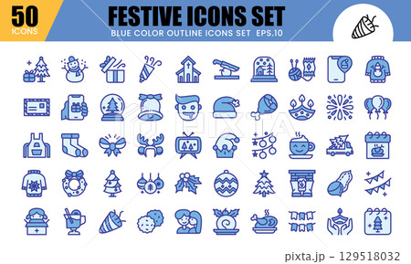 Festive Blue Color Outline Icons Set.This icons related to celebrations and festivals like Christmas, New Year, and more. Festive Blue Color Outline Icons Set.This icons related to celebrations and festivals like Christmas, New Year, and more. 129518032