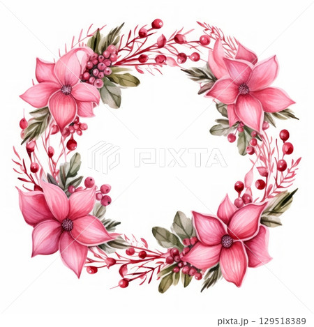 This is a charming floral wreath that showcases beautiful pink flowers surrounded by vibrant green leaves 129518389