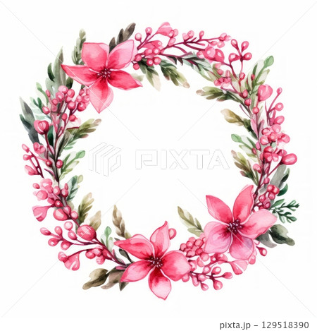 This is a charming floral wreath that showcases beautiful pink flowers surrounded by vibrant green leaves 129518390