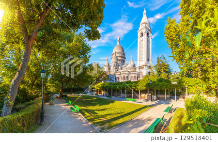 Basilica of the Sacred Heart in Montmartre, Paris, view on the bell tower side from the garden 129518401