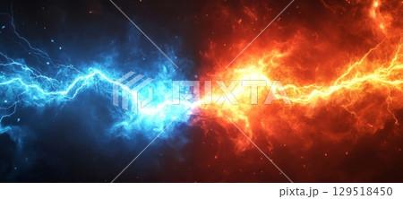Cosmic Energy Clash A Dramatic Display of Blue and Red Lightning Interacting in the Vastness of Space 129518450