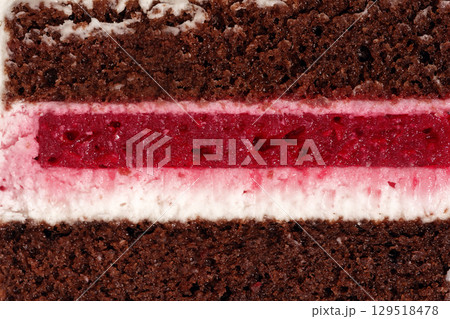 Chocolate sponge cake with cherry filling, layered dessert showcasing rich textures and vibrant colors, perfect for pastry lovers and dessert enthusiasts, flat lay macro view Chocolate sponge cake with cherry filling, layered dessert showcasing rich textures and vibrant colors, perfect for pastry lovers and dessert enthusiasts, flat lay macro view 129518478