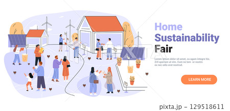 Home sustainability fair eco event people discussing renewable energy wind turbines solar panels community outdoor scene modern flat website banner 129518611