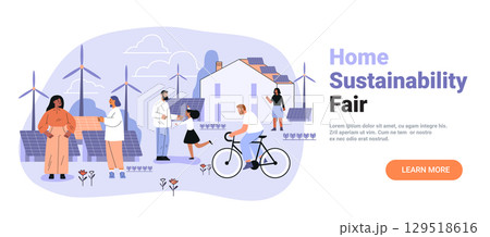 Home sustainability fair renewable energy eco community people wind turbines solar panels house outdoor activities modern banner landing page 129518616