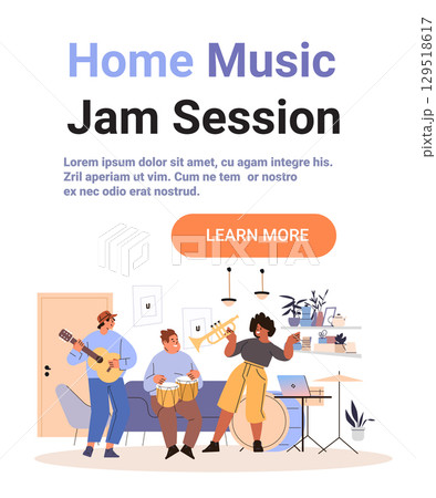 Home music jam session musicians playing instruments cozy living room plants decor modern interior diverse people digital art 129518617