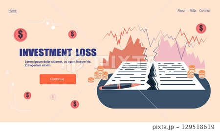 Investment loss financial crisis broken contract falling graph coins stacks red chart website banner Investment loss financial crisis broken contract falling graph coins stacks red chart website banner 129518619