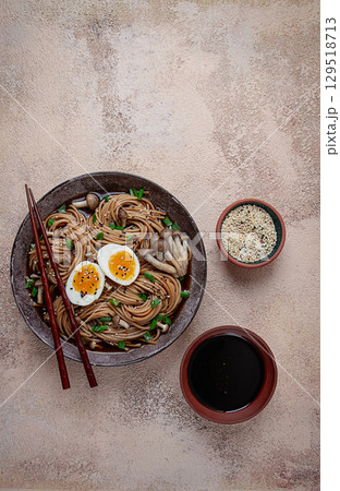buckwheat noodles, soba, with shimeji mushrooms, boiled egg, green onion, homemade, no people, buckwheat noodles, soba, with shimeji mushrooms, boiled egg, green onion, homemade, no people, 129518713