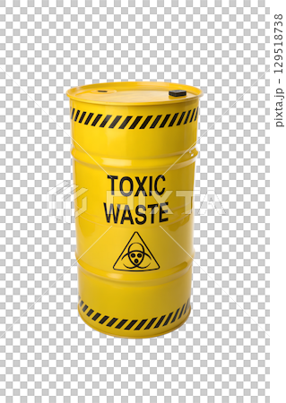 Toxic waste barrel with yellow hazard symbol, radioactive danger sign isolated on transparent background 129518738
