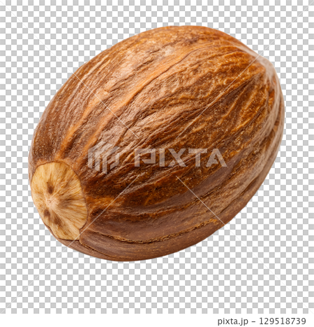 Nutmeg seed isolated, whole brown spice with textured surface, culinary ingredient 129518739