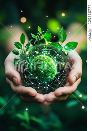 A Businessman Holds the Earth, Surrounded by Symbols of Sustainability in a Bustling Urban Landscape Setting A Businessman Holds the Earth, Surrounded by Symbols of Sustainability in a Bustling Urban Landscape Setting 129518779