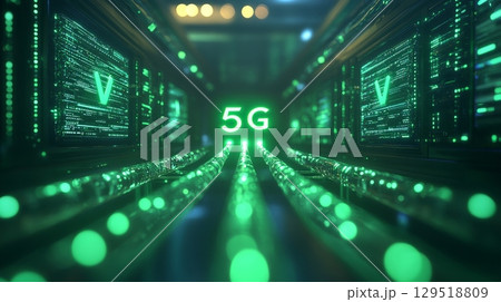 Advanced futuristic visualization of a 5G network showcasing dynamic data streams and interconnections 129518809