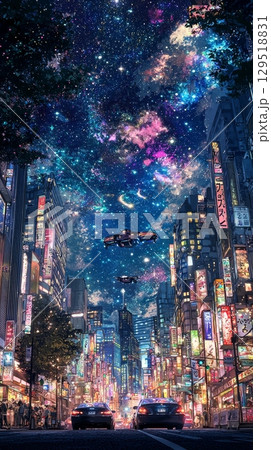 futuristic anime city with towering skyscrapers, flying cars, and a vibrant night sky filled with stars . 129518831