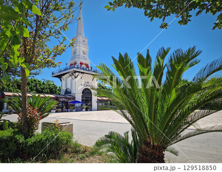 KEMER, TURKEY - JULY 5, 2025 Beautiful view to Kemer Saat Kulesi today Cafe Mokka in the city centrum 129518850