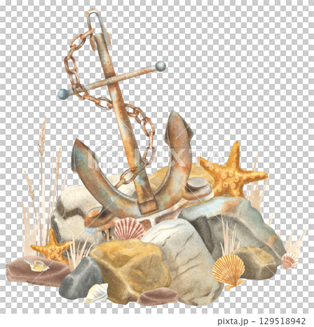 Aged rusty anchor with a large chain surrounded seashells, starfish, rocks and dry grass. Hand drawn watercolor illustration of pebbles with sea shells on isolated background for nautical design. Aged rusty anchor with a large chain surrounded seashells, starfish, rocks and dry grass. Hand drawn watercolor illustration of pebbles with sea shells on isolated background for nautical design. 129518942