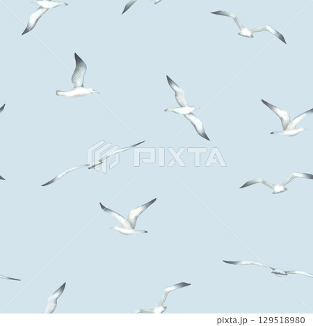 Seamless pattern with flying seagulls. Hand drawn watercolor illustration of sea birds on blue background. Nautical ornament for Baby design, wallpaper, textiles, wrapping paper in monochrome colors. 129518980