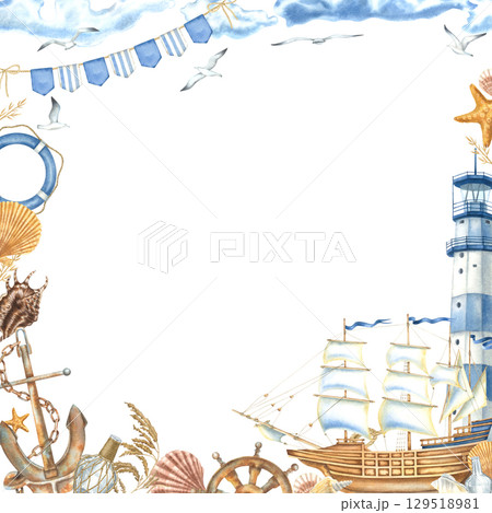 Square frame with sailing ship, lighthouse, anchor, steering wheel, lifebuoy. Hand drawn watercolor illustration of symbols of voyage, tourism on isolated background. Border with vintage elements. Square frame with sailing ship, lighthouse, anchor, steering wheel, lifebuoy. Hand drawn watercolor illustration of symbols of voyage, tourism on isolated background. Border with vintage elements. 129518981