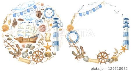 Wreath with lighthouse, anchor, steering wheel, lifebuoy, starfish. Hand drawn watercolor illustration of symbols of voyage, tourism on isolated background. Nautical circle frame with vintage element. 129518982