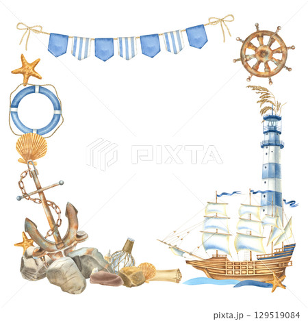 Square frame with sailing ship, lighthouse, anchor, steering wheel, lifebuoy. Hand drawn watercolor illustration of symbols of voyage, tourism on isolated background. Border with vintage elements. Square frame with sailing ship, lighthouse, anchor, steering wheel, lifebuoy. Hand drawn watercolor illustration of symbols of voyage, tourism on isolated background. Border with vintage elements. 129519084