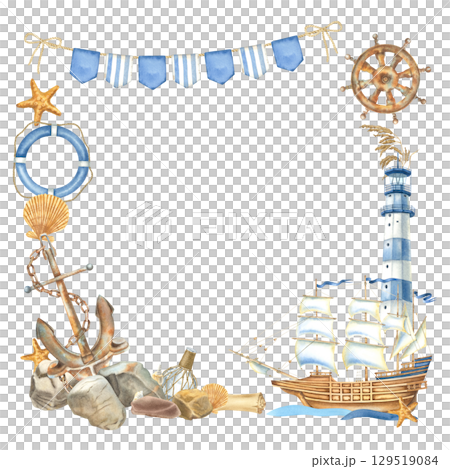 Square frame with sailing ship, lighthouse, anchor, steering wheel, lifebuoy. Hand drawn watercolor illustration of symbols of voyage, tourism on isolated background. Border with vintage elements. Square frame with sailing ship, lighthouse, anchor, steering wheel, lifebuoy. Hand drawn watercolor illustration of symbols of voyage, tourism on isolated background. Border with vintage elements. 129519084