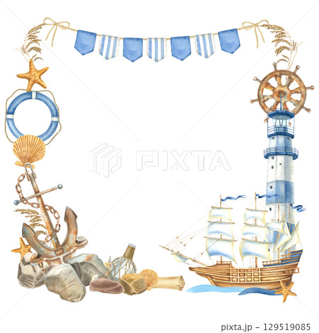 Square frame with sailing ship, lighthouse, anchor, steering wheel, lifebuoy. Hand drawn watercolor illustration of symbols of voyage, tourism on isolated background. Border with vintage elements. 129519085