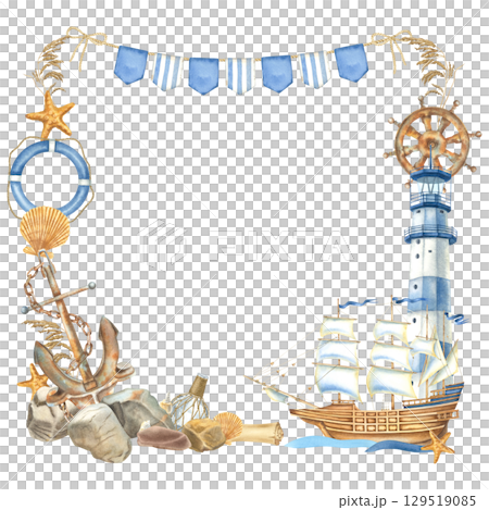Square frame with sailing ship, lighthouse, anchor, steering wheel, lifebuoy. Hand drawn watercolor illustration of symbols of voyage, tourism on isolated background. Border with vintage elements. 129519085
