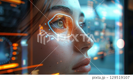 A Futuristic Portrait of a Woman Featuring Neon Facial Accents and an Intriguing Digital Interface Design 129519107