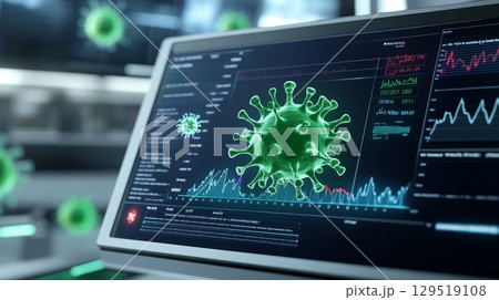 digital interface showing a time-lapse of virus spread in the body, with vital signs and charts surrounding it. 129519108