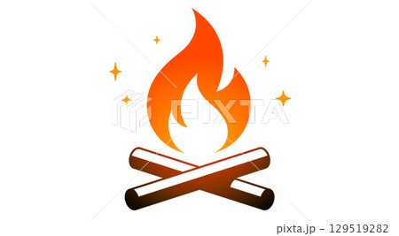 Fire, flame, bonfire. Flame fire icon, abstract style on white background. Flat burn fire symbol, bonfire sign, flame campfire emoji. Camping fireball minimal graphic style. Vector Illustration 129519282