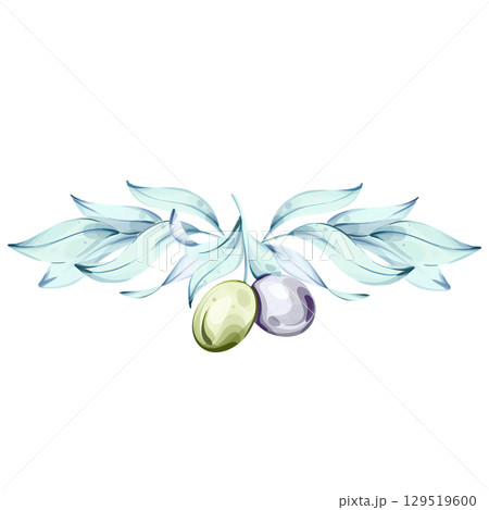 Beautiful watercolor illustration of olives and olive oil reflecting Italian culinary artistry frame, border, arrangement 129519600