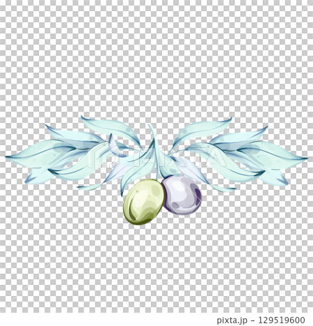 Beautiful watercolor illustration of olives and olive oil reflecting Italian culinary artistry frame, border, arrangement 129519600