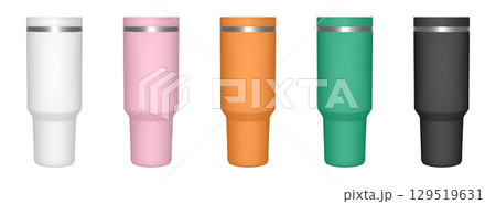 Thermo cup with lid. 3d mockup of a travel tumbler. Set of white, pink, orange, green and black mugs Thermo cup with lid. 3d mockup of a travel tumbler. Set of white, pink, orange, green and black mugs 129519631