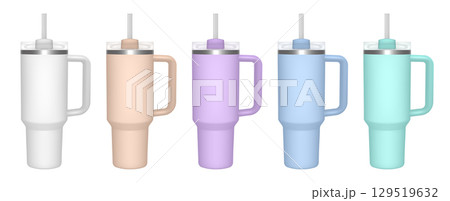 Thermo cup with handle and straw. 3d mockup of a travel thermos. White, beige, violet, green, blue Thermo cup with handle and straw. 3d mockup of a travel thermos. White, beige, violet, green, blue 129519632