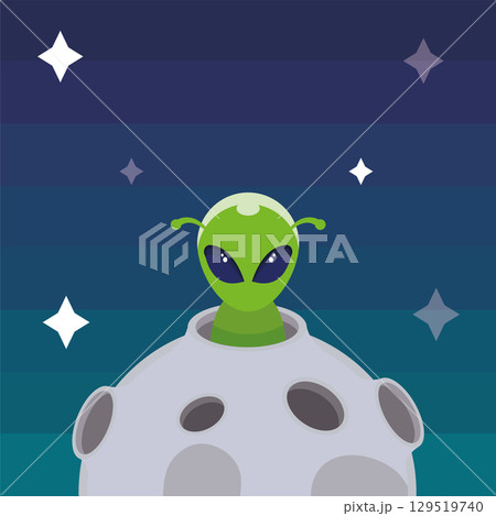 Green alien on moon surface. Vector 129519740