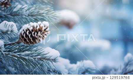 Winter's Whisper: Serene Scene with Snow-Dusted Pine Branches and Gentle Snowfall. Generative ai 129519768