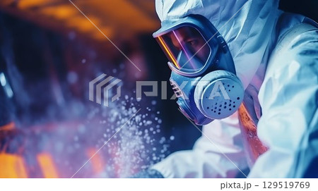 Safety First: Person in White Protective Suit Handling Toxic Substances. Generative ai 129519769
