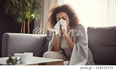 Under the Weather: Sick Woman Blowing Nose While Seated on Home Couch. Generative ai 129519770