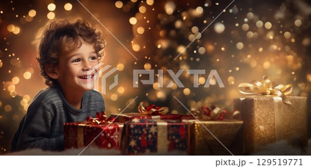Yuletide Glee: Joyful Boy with Christmas Gifts and a Twinkling Tree Background. Generative ai 129519771