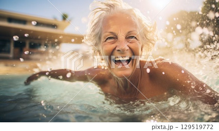 Joyful Immersion: Elderly Woman Radiant After a Refreshing Swim. Generative ai 129519772