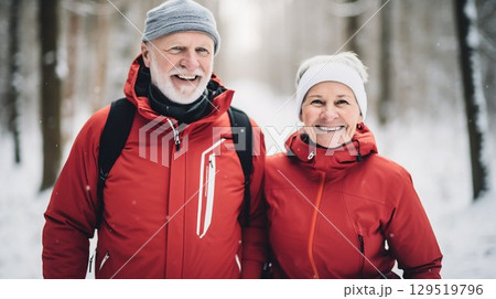 Elderly Couple Cross-Country Skiing in Winter Landscape. Generative ai 129519796