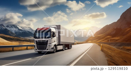 Truck Driving Through Sunny Mountain Landscape. Generative ai 129519810