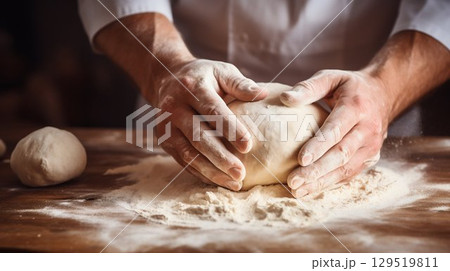 Hands Kneading Dough in Bakery Baking Process. Generative ai Hands Kneading Dough in Bakery Baking Process. Generative ai 129519811