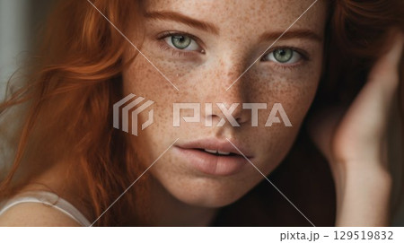 Ginger-Haired Beauty Model with Freckles Portrait. Generative ai Ginger-Haired Beauty Model with Freckles Portrait. Generative ai 129519832